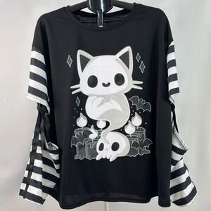 Romwe Graphic Tee Women 3XL Black Excellent Ghost Cat Skull Striped